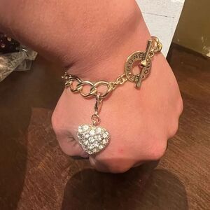 LOOK" Monet Gold Tone Pave Heart Rhinestone Charm Toggle Bracelet